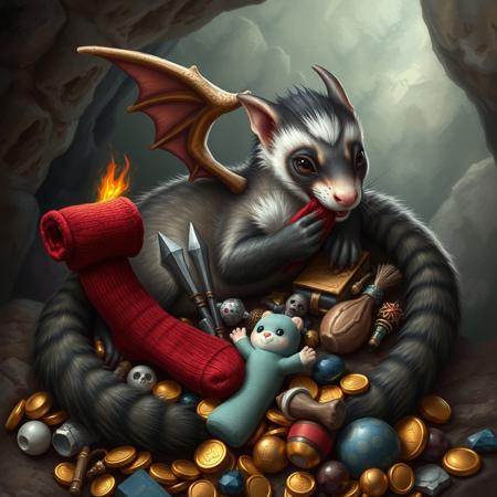 A dragon ferret hybrid, a furry dragon with ferret features, a ferret evolved into a dragon, stealing a rolled up sock, hoarding trinkets and toys mixed with treasure, grabbing red sock, grey  brown  and white colored fur, furry tail, dragon wings, little flames coming out of nose, laying on top a pile of hoarded treasure which includes gold coins gems socks and plushies, cave background