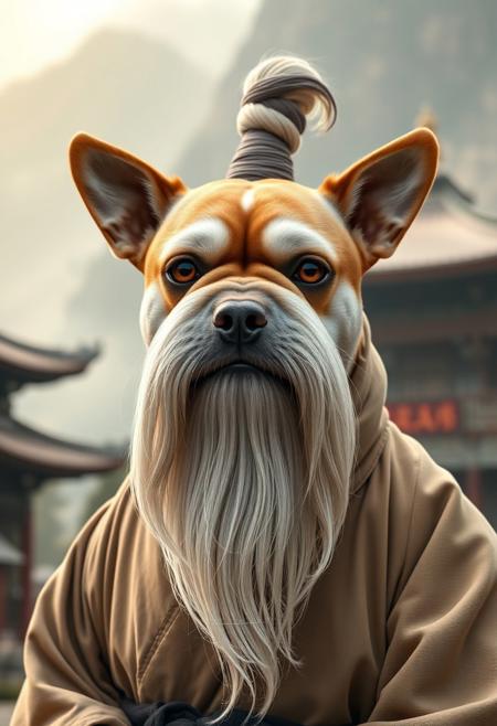 A photorealistic portrait of a cute dog with a flat, squashed face, styled like a martial arts master. The dog has a long flowing white beard extending far below its chin, large bushy white eyebrows, and long sideways white whiskers. On top of its head is a traditional topknot bun, resembling Pai Mei from Kill Bill. The dog is wearing traditional East Asian monk robes in neutral tones, with a black sash. It stares directly into the camera with a calm, superior expression. The background is a misty mountain temple scene with warm natural lighting. Vertical 9:16 aspect ratio.