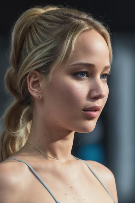 photoshoot of jenniferLaw1, (blonde hair), (ponytail), , detailed skin texture, (blush:0.2), (goosebumps:0.3), (light blue dress), subsurface scattering, Photorealistic, Hyperrealistic, Hyperdetailed, analog style, hip cocked, demure, detailed skin, matte skin, soft lighting, subsurface scattering, realistic, heavy shadow, masterpiece, best quality, ultra realistic, 8k, golden ratio, Intricate, High Detail, film photography, soft focus