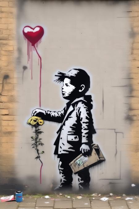 <lora:Banksy Style:1>Banksy Style - In the style of Banksy, picture a thought-provoking NFT that combines street art aesthetics with a biting commentary on the NFT and cryptocurrency craze. The artwork showcases a graffiti artist painting a physical wall, while their digital counterpart vanishes into pixels, raising questions about the value of art in the age of blockchain.