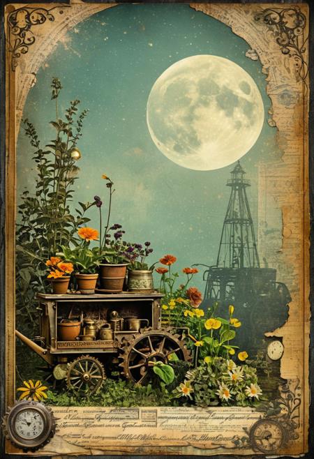 (masterpiece, best quality), A Moonlight Gardener
vintage mixed media, distressed textures, grunge aesthetic, antique tones, layered composition, old photographs, vintage typography, steampunk elements, worn edges, faded colors, intricate patterns, timeworn quality, eclectic vintage ephemera, rustic industrial style