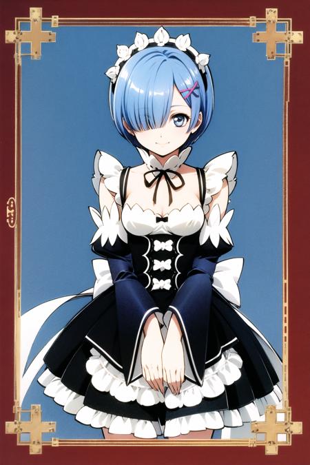 rem (re:zero), 1girl, solo, roswaal mansion maid uniform, twins, siblings, short hair, blue hair, blue eyes, maid, ribbon, hair ornament, hair over one eye, smile, looking at viewer, x hair ornament, hair ribbon, black ribbon,maid headdress, white apron, bangs, breasts, small breasts, long sleeves, dress, wide sleeves, standing, shiny, flower:1.5), watercolor \(medium\),<lora:Atsuko Nakajima:0.8>