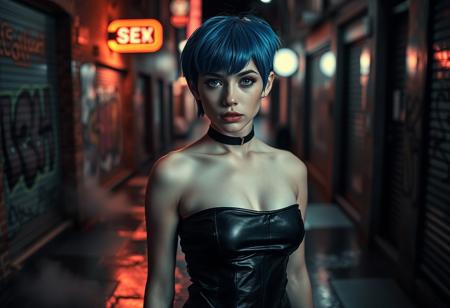 A 25-year-old European girl with blue hime-cut hair and blue hazel eyes, studing in a city alley. The blurred city background shows brick walls with graffiti and wet pavement reflecting neon lights. She is wearing a leather mini skirt and a black choker, with pouty lips and freckles on her face. Her body is illuminated by reflections of neon lights, contrasting with soft lighting and delicate shadows. A subtle mist rises from the ground, and the scene is moody and sexy, with multiple light sources and sharp contrasts. The image is in black and white, except for her blue hair and blue hazel eyes, with light reflections on the wet surfaces. The overall tone is dark and dynamic, with neon lights creating a striking atmosphere ( black and white )