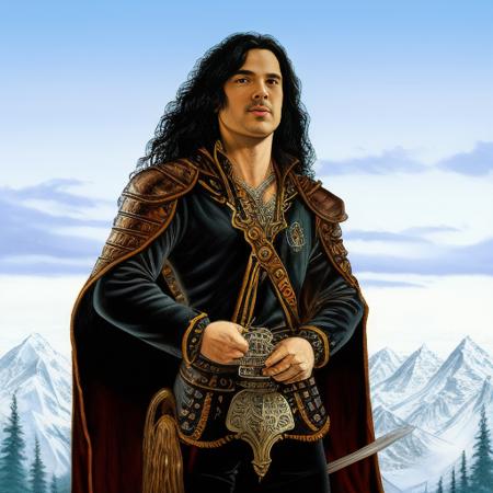 human male bard, fantasy art, dungeons and dragons, long black hair, portrait, painting, face and torso