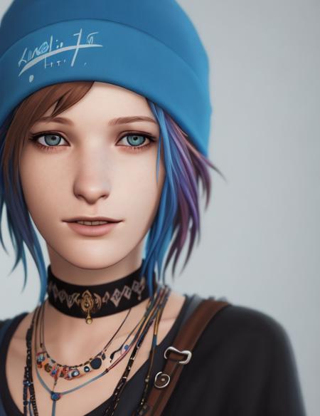 masterpiece, best quality, high quality, extremely detailed CG unity 8k wallpaper,A portrait of chloeprice, blue hair, brown eyes, looking at viewer, hyperrealistic, ultra detailed, beanie, choker, tattos