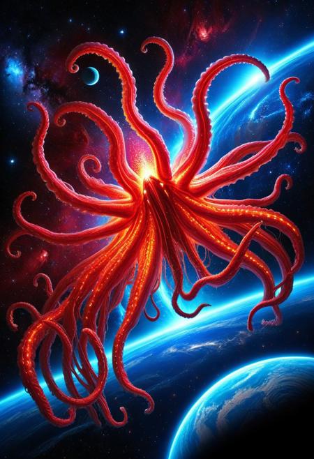 (colossal cosmic squid:1.4), (larger than [[planets]]:1.3), (luminescent red glow:1.3), massive glowing tentacles, (giant space squid [[devouring a planet]]:1.4), [[surreal]] sci-fi space scene, glowing red bioluminescent patterns across its body, deep space background [[[[filled with distant stars and galaxies]]]], (planet being pulled apart), sense of massive scale, ultra detailed textures, vibrant lighting, epic composition, cinematic perspective, high contrast,