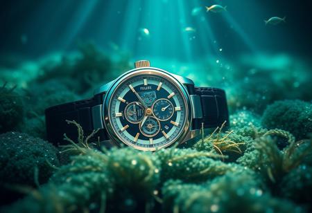 a highly detailed, cinematic photo of a sleek luxury Tourbillon wristwatch lying on the bottom of a deep, turquoise ocean, surrounded by gently swaying seaweed and schools of tiny, shimmering fish, with sunlight filtering down from above, casting an ethereal glow on the entire scene, captured with a shallow depth of field to emphasize the watch's intricate mechanisms and elegant design, using a high-contrast color palette with deep blues and greens to accentuate the sense of depth and realism.