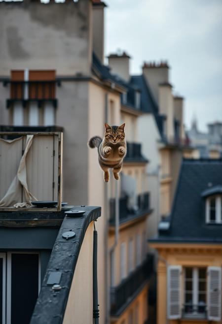 (Soft Lighting Photography by Mimoza Veliu and Mario Giacomelli:1.2), NSFW, a photo depicts a cat is jumping from one roof to another roof between buildings in Paris, windy,