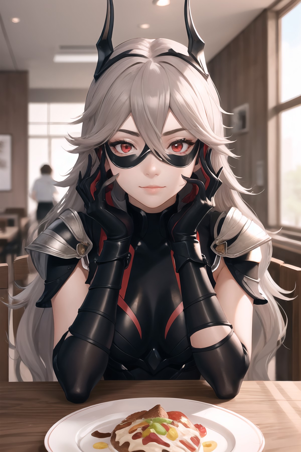 Highly detailed, High Quality, Masterpiece, beautiful, Thrasir, <lora:Thrasir:0.9>, 1girl, solo, food, simple background, ...