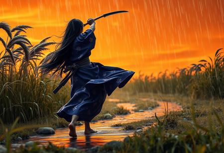 A lone long-haired girl, wearing the violet hue of a cherry blossom patterned yukata, dances in the pouring sunset rain. Her bare feet were stained golden yellow as they stepped on the wet earth, and the bright orange sky filled the entire scene. From behind we could see the fierce curve of her halberd, its steel gleaming dully in the fierce storm. Tall, windswept grasses, several times their normal height, undulated and swayed dramatically around her, reflecting the intense colors of the sky. Her messy black hair was stuck to her shoulders by the rain and fluttered in the wind. Her movements are graceful yet ferocious, dramatically backlit to highlight her figure and the intense emotions portrayed on her face as she dances. The picture is full body. Volumetric lighting casts dramatic shadows, accentuating the textures of the grass and the yukata fabric. The style is reminiscent of a painting masterpiece, with its surreal details capturing the intensity and ethereal quality of the moment. The scene is rendered with a bloom effect, rich in detail, in the style of LuisapAbstract_abstractVersion, focusing on fluidity and emotion.