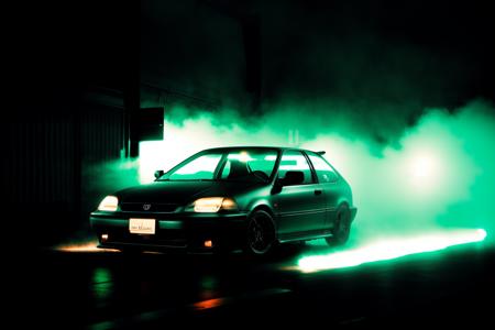 matte black CIVIC6 in dimly lit warehouse, neon lights, foggy warehouse at night, bokeh, depth of field, volumetric light, gobo light, 1 car, analog, portra 800 film, <lora:CIVIC6:0.8>