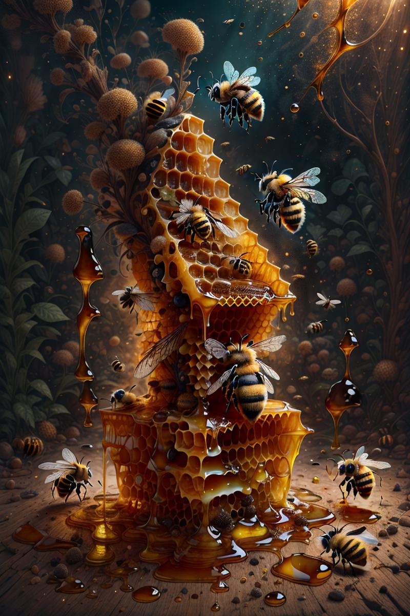 A surreal painting of a honeycomb chair with bees and honey.