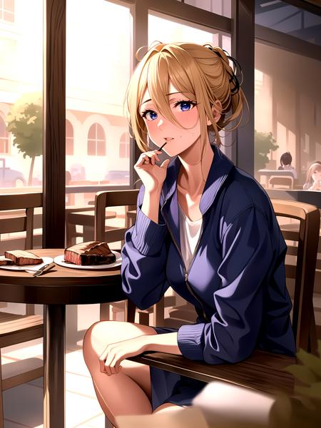 (masterpiece:1.2, best quality:1.1, highres, absurdres, high quality),(photorealistic:1.1),reflected light,colorful,ultra-detailed,8k,ultra hd,super detailed,Violet Evergarden,blonde hair,blue eyes,hair between eyes,indoors,cafe,sitting,steak on table,drunk,blush,<lora:violet_evergarden_v1:0.6>,<lora:hasumi:1>,Hasumi,