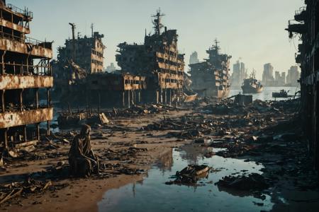 establishing shot, burned out modern city, emaciated person dressed in rags, supply ship wrecked on shoals, dirty brown water, harsh lighting, ZipRealism