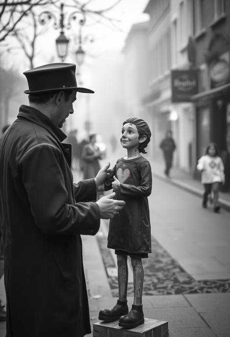 Classic black and white cinematic photograph, soft focus and hazy background, depicts a heartwarming, interactive street art piece: a painted figure. Post-Impressionist and British pastoral influences create a timeless and elegant atmosphere, with muted colors and organic forms.