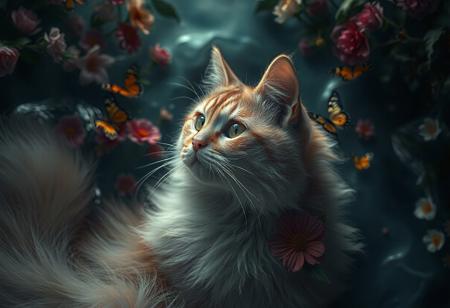 masterpiece, best quality, amazing quality, very aesthetic, absurdres, highres, newest, HDR, 8K, high detail, smooth shading, glossy surfaces, subtle, high contrast, dak depth, 
cat, sacred, mysterious, dreamlike, fantastic, moonlight, Grimoire, flowers, colorful flowers and colorful butterflies, flower effects, diagonal angle, from above, dutch angle, beautiful atmosphere, muted colors, cinematic composition, natural lighting, water color,
