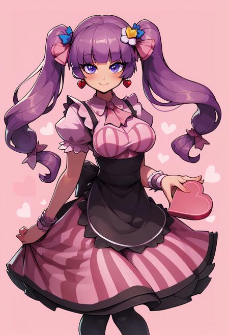 score_9, score_8_up, score_8, medium breasts, (curvy), cute, eyelashes, 
patchouli knowledge, 1girl, solo, purple hair, purple eyes, long hair, 
solo, smile, looking at viewer, apron, blush, box, creatures (company), dress, earrings, flower, game freak, hair flower, hair ornament, hair ribbon, heart-shaped box, highres, holding, jewelry,  pantyhose, pink ribbon, ribbon, simple background, pink background, twintails, valentine, waist apron, wrist cuffs,pink border, hearts background,