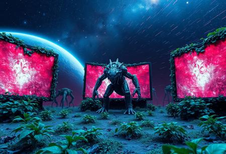 A ground   surrounded, by large screens with merged ivy fillaments .  cosmos background with  a AI monster creature in space.
