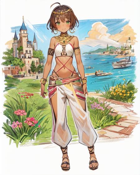 best quality, (masterpiece:1.2), illustration, absurdres,  <lora:ColorPencil:0.8>, <lora:sketch v2:0.3>, sketch, drawing, colorpencil,
(1girl), (solo), (beautiful detailed girl), full body,
<lora:ShahinaDancer-000012:1>, Shahina, green eyes, brown hair, short hair, ahoge, dark skin, flat chest, small breasts, young,
golden tiara, jewelry,hoop earrings, arabian dancer outfit, white harem pants, sandals,
gentle smile, shy, looking at viewer,
garden, distant sea, distant ocean, mediterranean buildings, white buildings, castle on top of hill