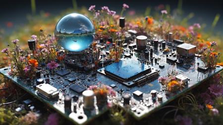 planet surface made out of electronics and pc parts, mainboard, gpu, cpu, circuit, electronic resistor, condesator, colorful meadow, whimsical and heartwarming, photorealism, amazing depth, beautiful art, maximalism, fantasy concept art, impressionist watercolor paint by Claude Monet, Carne Griffiths, Geoffroy Thoorens, James Christensen,  Russ Mills, intricate, cinematic lighting, highly detailed, smooth, sharp focus, perfect balanced style, amazing depth, complementary colors, whimsical clouds, hyperdetailed, dark light, stunning masterwork by head of prompt engineering
