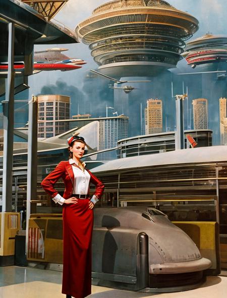 woman. standing in airport, atompunk city <lora:Atompunk:0.8>