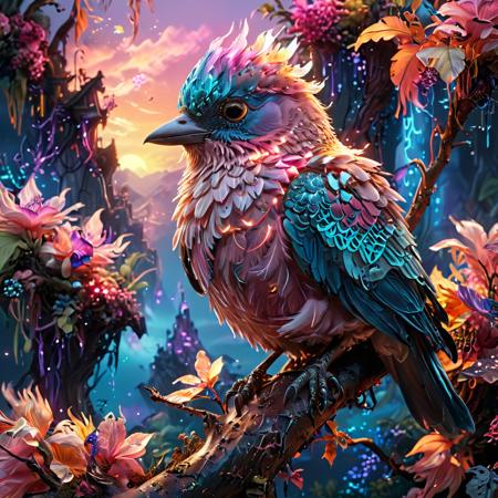 <(breathtaking  . award-winning, professional, highly detailed, sunset  animal   (Vibrant neon colors)    , animal  (Artistic style)  (Whimsically artistic) perched on ar branch, ethereal bird with feathers of iridescent hues,  pastel tones pinks, mauves, and soft blues, 
Fantasy style, fantasy dreamlike art, vivid color, 3d animation,):1.0>,
<(detailed matte painting, deep color, fantastical, intricate detail, splash screen, complementary colors, fantasy concept art, 8k resolution trending on Artstation Unreal Engine 5):0.9>,
<lora:xl_more_art-full_v1:1>
<lora:glowneon_xl_v1:1>