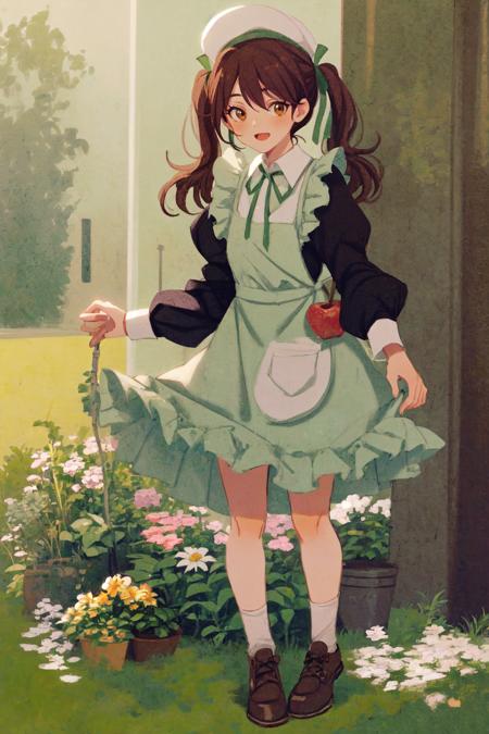 best quality, masterpiece, extremely detailed, detailed background, 1girl, flower, solo, dress, apron, smile, food, open mouth, grass, fruit, twintails, long sleeves, white headwear, long hair, brown footwear, ribbon, bag, hat, yellow flower, brown eyes, white socks, socks, :d, bow, orange flower, green dress, white apron, blush, full body, green ribbon, shoes, frills, brown hair, bangs, standing, green bow, white flower, apple, tulip, cross, frilled dress, frilled apron, hat flower, collared dress, sleeve cuffs, pink flower, brown bag, hair ribbon, daisy, skirt hold garden, sunlight, scenery