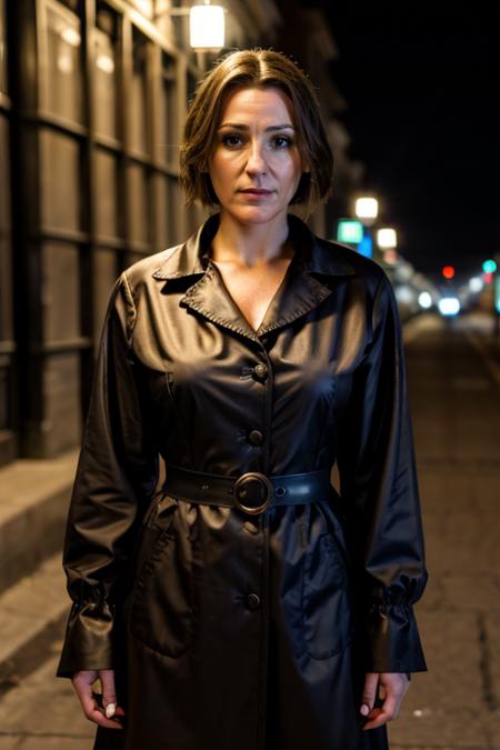 <lora:Suranne_Jones:1> masterpiece, best quality, detailed face, a mature s1873j, 1girl, solo, convict costume ,  street , night