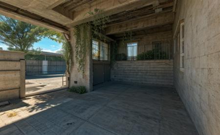 building, overpass:1.4,  day, dark, metal, shaded,,, outdoors, wall, stairs, fence, overgrown, plant, side, sunlight, shaded, sky,, [detailed background], raw, dof,  (de_background), <lora:cs:0.74>