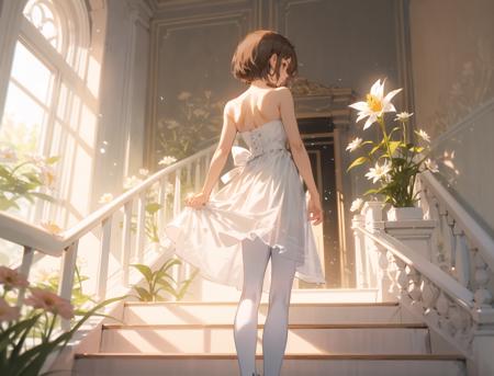 an extremely delicate and beautiful girl, 8k wallpaper, masterpiece,Cinematic Lighting, best quality,Illustration,detailed face depiction,moody lighting,sunlight,solo,1girl,stairs,dress,short hair,flower,indoors,from behind,brown hair,window,white dress,white shoes,white pantyhose,holding flower,bare shoulders