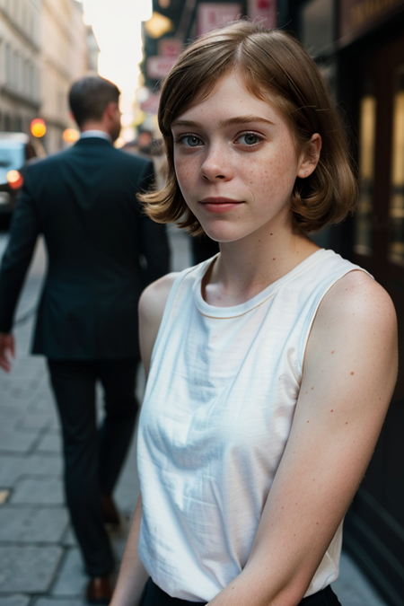 SophiaLillis, (spy agency) photo, (closeup on upper body:1.3), (professional assassin, banker clothing, walking down busy sidewalk, lots of pepple bustling, European old city, afternoon sweet lighting, high camera angle, long zoom lens medium format camera), in the style of (Mission Impossible)