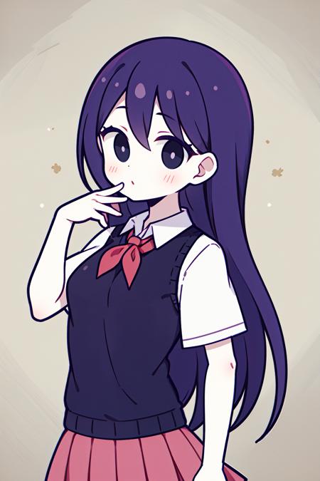 masterpiece, best quality, highres, 1girl, solo, long hair, purple hair, bangs, black eyes, bright pupils, white pupils, white skin, school uniform, red neckerchief, white shirt, sweater vest, black sweater, short sleeves, pleated skirt, pink skirt, <lora:mari_(omori)_v1:0.7>, hand on hip,