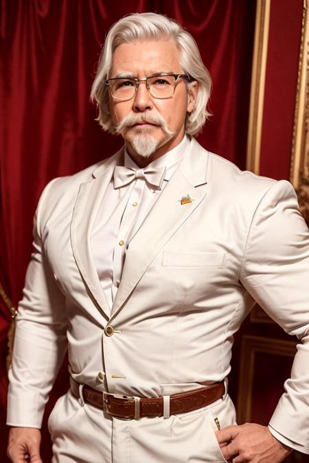 1man, solo, portrait of muscular handsome colsanders wear white suit, western kentucky bow tie, colonel colonel sanders, glasses, handsome, white hair mustache beard,  <lora:ARWColSanders:1> <lora:BulkedUpAIR1.5:0.6>