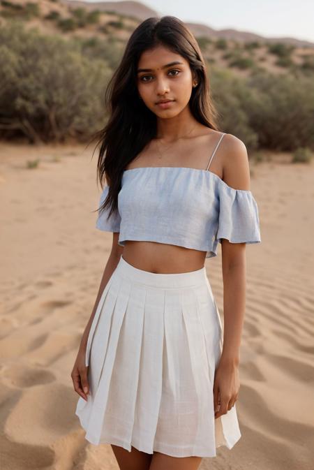photograph of a cute Tamil girl, slender, beautiful body, linen offshoulder crop clothes, pleated mini skirt, medium breasts hidden under clothes, desert, hot summer, fashion pose, Porta 160 color, shot on ARRI ALEXA 65, bokeh, sharp focus on subject, shot by Lilia Alvarado
