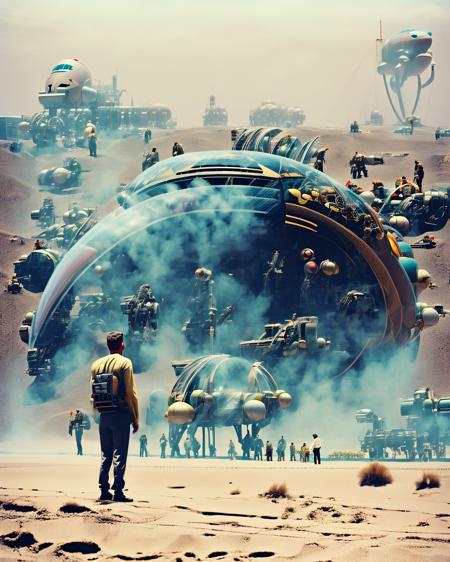 a man standing in front of a giant spaceship , holding, standing, outdoors, multiple boys, science fiction, realistic, sand, desert  , <lora:Creepy_Journey:1>