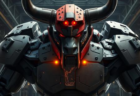 Create a close-up illustration of a robot with a broken, ruined armored core trunk, flexing large muscles, set against a dark factory background of mass production. The image should resemble a bull, with a focus on perfect symmetrical balance and golden ratio proportions. Incorporate elements of dark matter incarnate and thunderstrike, with a cyberpunk aesthetic inspired by the art of Baiōken Eishun and MC Escher. The style should be photorealistic, with extremely fine details and a chiaroscuro lighting effect. The image should be rendered in 8K resolution with a high level of realism, similar to an Unreal Engine illustration. Incorporate the likeness of Tom Selleck, with a focus on intense, dramatic expression.