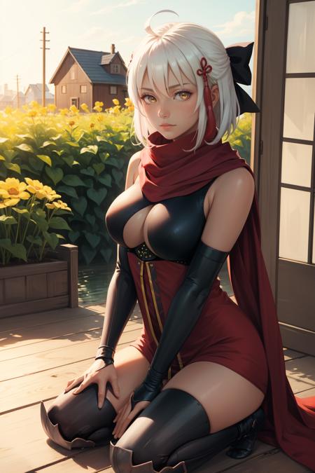 masterpiece, best quality, okita souji alter, short hair, hair bow, tassel, arm guards, red scarf, red dress, cleavage, black thighhighs, emotionless, seiza, wooden floor, house, garden, hands on own lap <lora:okitasoujialter-nvwls-v1-000010:0.9>