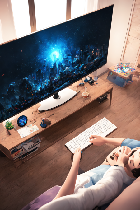 (masterpiece), (best illustration), anime background, gaming bedroom, television with large computer, ring lighting , rim lighting,(extremely detailed CG unity 8k wallpaper),(masterpiece), (best quality), (ultra-detailed), (best illustration),(best shadow),perfect lighting , perfect anatomy , vivid colors, BgAniDusk