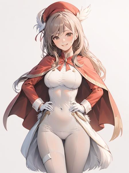 <lora:baozhi:1>,background,1girl,solo,hat,gloves,looking at viewer,white gloves,simple background,white background,hand on hip,breasts,closed mouth,pantyhose,hat feather,smile,long sleeves,cape,