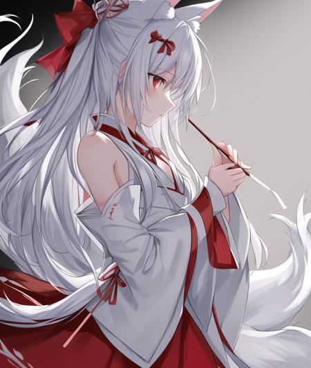 (black and white:1.2), partially colored,(best quality), ((masterpiece)), extremely detailed 8K wallpaper, (an extremely delicate and beautiful), wide shot,motion picture,grayscale,(profile:1.1), equinox flowera in hand,1girl,solo,red eyes,light eyes,white hair,(flay chest:1.2),(hanfu:1.4),detached sleeves,navel,(nine white tails:1.45),white fox ears,([red bow hair ornament:red ribbon:0.5]:1.2),