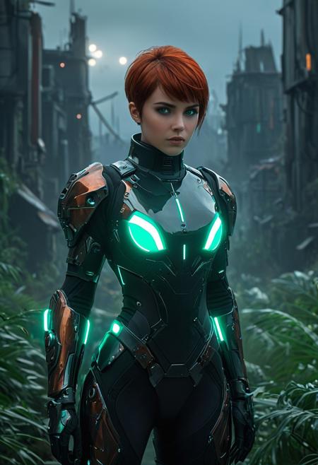 (masterpiece, ultra-detailed, best quality), 1girl, A futuristic sci-fi female character inspired by the elegant silhouette of a Victorian dress, reimagined as a cybernetic battle suit. She has a round face with a determined expression. She has copper colored eyes. Her pixie cut hair is black and partly falls on her face. The outfit is mostly copper and jade, detailed with metallic ((copper and jade)) elements, including visible pistons, reinforced plates, energy conduits, and intricate mechanical patterns. Her design emphasizes advanced technology, with glowing cyan accents and a sleek, functional aesthetic. She stands in a post-apocalyptic cityscape filled with crumbled buildings and overgrown evergreens. The atmosphere is somber yet empowering, illuminated by natural light with focused highlights that reflect off the metallic components, creating a sharp contrast against the muted gray and green tones of the environment. The setting conveys despair but also determination to fight and survive. Style influences: Greg Rutkowski, Artgerm, WLOP. High detail, ultra-realistic textures, sharp focus, cinematic lighting, sci-fi themes, post-apocalyptic aesthetic, SilverPulse