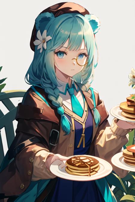 best quality, masterpiece, highres, solo, {istina_arknights:1.15}, animal_ears, bear_ears, long_hair, hair_ornament, monocle, bangs, braid, blue_eyes, blue_hair, star_\(symbol\), star_hair_ornament, hat, brown_headwear, book, beret, upper_body, aqua_hair, necktie, single_braid, 1girl, aqua_eyes, flower, food, hair_flower, hairband, holding, holding_plate, jacket, long_sleeves, official_alternate_costume, open_clothes, plate, twin_braids, white_flower, dress, looking_at_viewer, pancake, red_hairband, blue_dress, brown_jacket, frilled_hairband, simple_background