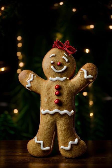 Gingerbread_Man, food, cookie, food focus, no humans, an extremely gritty detailed HD 8K photograph of a gingerbread ban and woman wearing very festive cookie clothing dancing on the table in front of a beautifully decorated pine Christmas tree, detailerlora, beautiful subtle very soft yellow lights