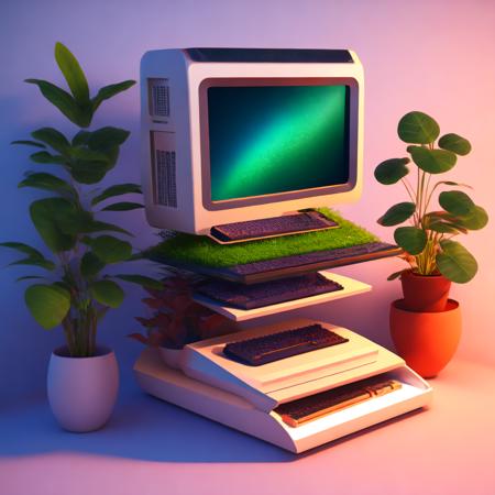 (ecocomputer style:1) a computer sitting on top of a table next to a potted plant <lora:djzEcoComputerV21_LoraBooth:1>