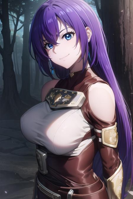 arthur pencilgon, long hair, blue eyes, hair between eyes, very long hair, purple hair, gloves, belt, armor, clothing cutout, breastplate, bare shoulders, earrings,