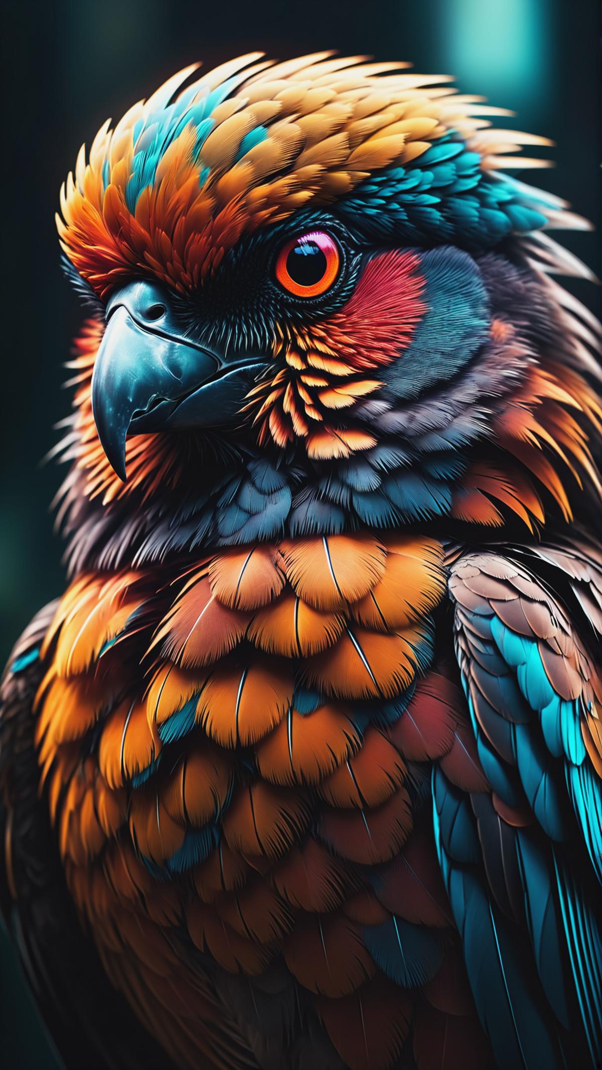 Vibrant Parrot with Red Beak and Orange Eyes, Up Close and in Focus.