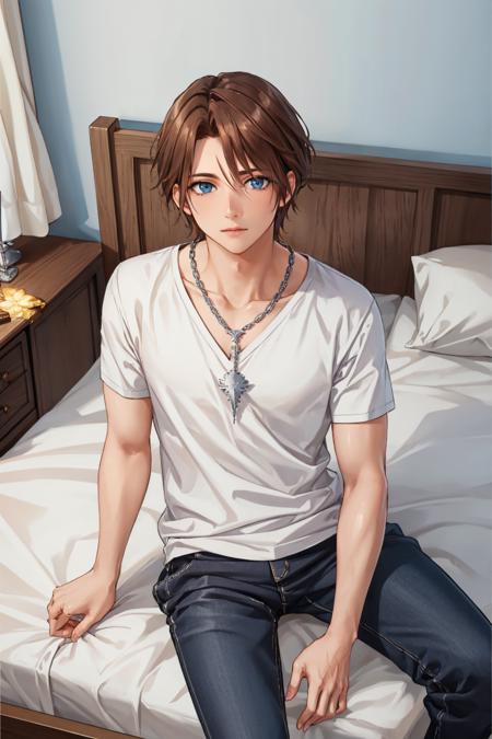 masterpiece, best quality, <lora:squall-nvwls-v1-000009:0.9> squall, scar, necklace, bedroom, white t-shirt, pajama pants, sitting, white walls, from above, looking at viewer