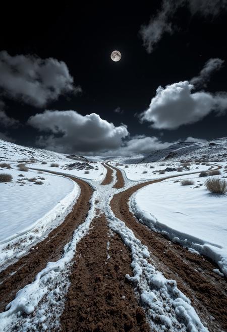 Four trails of dirty brown slush come together to form a crossroads.  The
snow around the paths is powdery soft but covers an underlying layer of last
years snow.  It is extremely cold here and an icy wind drives off the
southeastern plains of the glacier.  The wind seems as sharp as steel as it
cuts through the flesh of the living to chill their bones and suck out their
warmth.  A rickety wooden bridge can be seen at the end of the southwest path.
It swings wildly in the howling wind that bellows out of the chasm. The sky is
black and the stars shine down brightly. The waning half moon shines down.
Fluffy white clouds drift lazily overhead.