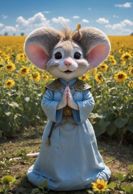 Closeup portrait. face closeup, 3d depth of field Simulation, closeup portrait of an fluffy high detailed furry busty slender diddl mouse fighter, high collar linen hanfu, translucent force auro, meditation stance, matrix feudal dojo trainings simulation in sunflower field under Blue sky, realistic, depth of lenticular, dramatic, bold lines async, deep blacks, illuminated from behind, holy Aura, Long dense grown river