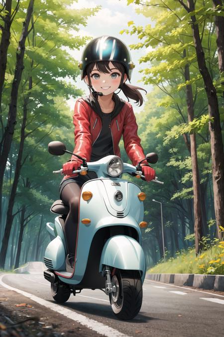 masterpiece,best quality,nature,road,1girl,scooter,helmet,smile